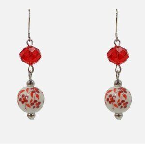 Red Flower Porcelain Bead Earrings with Red Glass Bead, Floral beaded jewelry